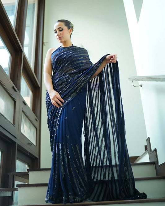 Blue Color Beautiful Sequence Saree in georgette fabric