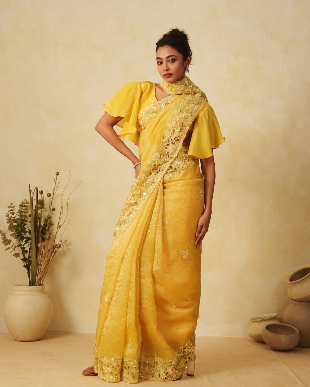 Yellow Color Beautiful  Soft Crunchy Silk Saree