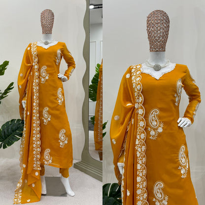 Suit On Tibby Silk Febric With Inner And Thred Work And Pent On Crep Febric And Dupatta