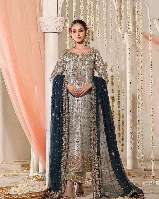 3 Piece Stylish Kurti, Bottom And Dupatta With Beautiful Embroidery Sequence Work