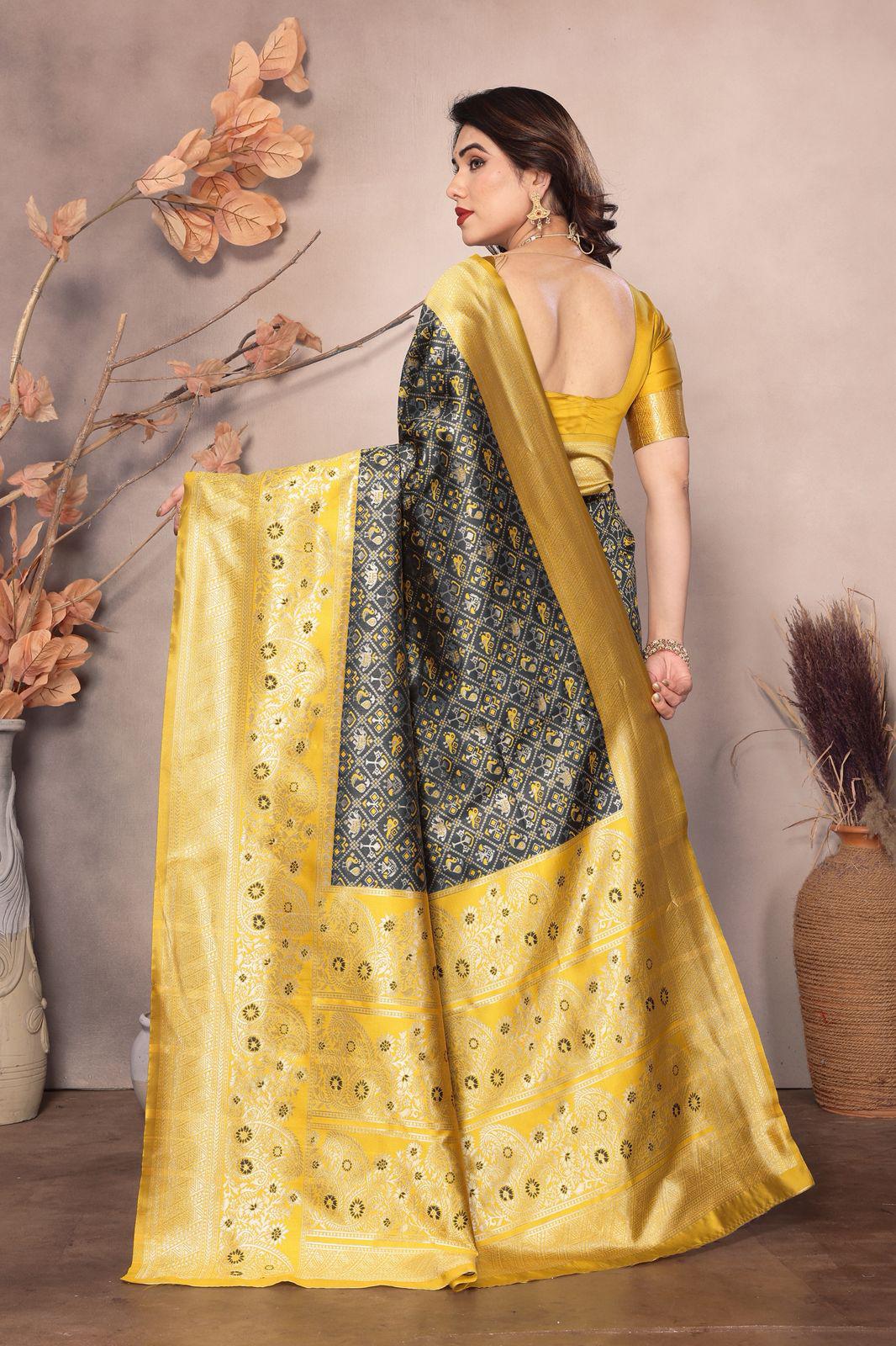 Yellow Dark Grey Color Beauitful Daily Wear Use Saree