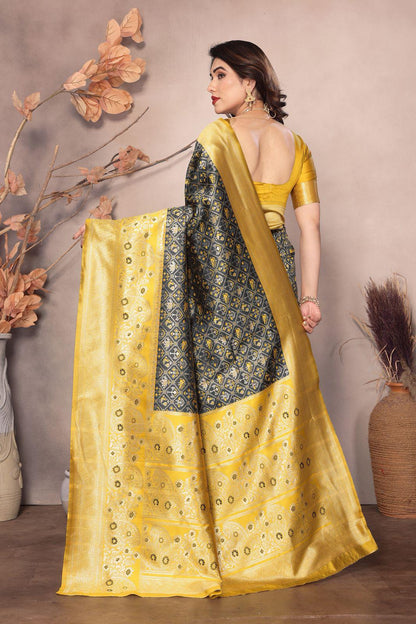 Yellow Dark Grey Color Beauitful Daily Wear Use Saree