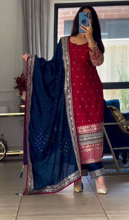 Maroon Red Blue Color Beautiful Partywear Dress in georgette fabric