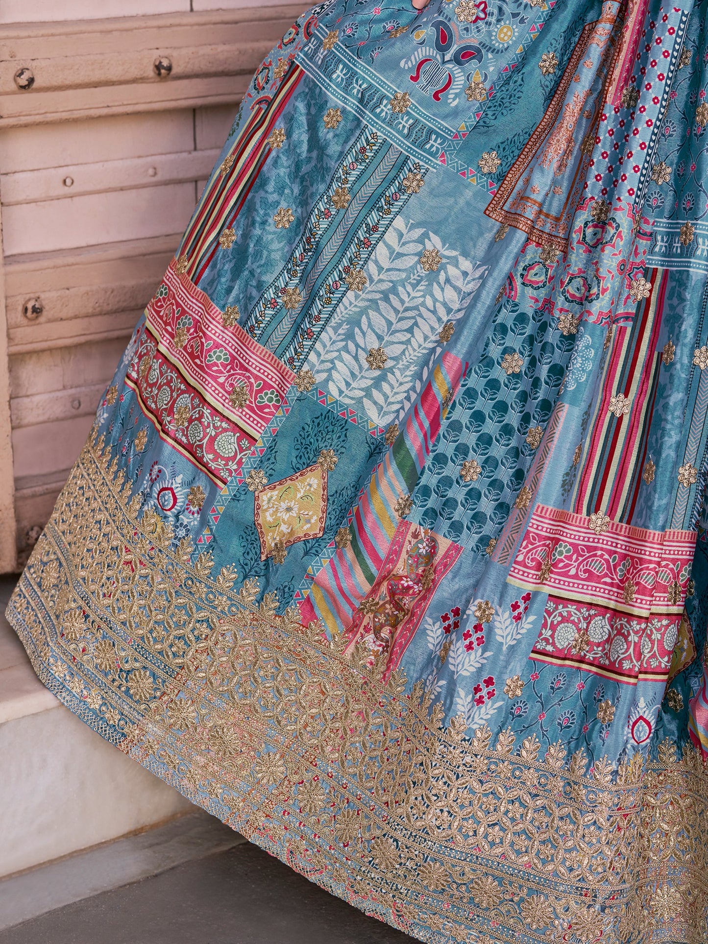 Sky Blue Color Beautiful Lehenga Choli in Chinon Silk Fabric