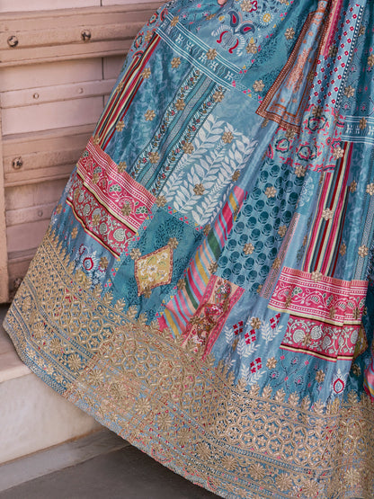 Sky Blue Color Beautiful Lehenga Choli in Chinon Silk Fabric