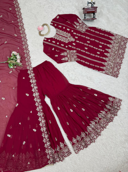 Maroon Red Color Beautiful Sharara Suit in Georgette Fabric