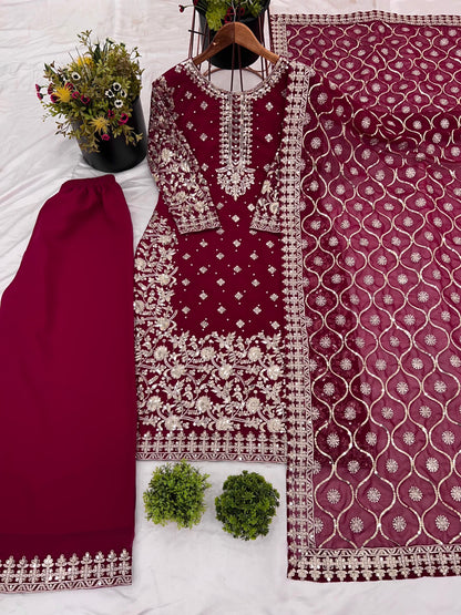 Red Color party wear look top-plazzo and dupatta with heavy embroidery work