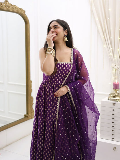 Purple Color Beautiful Gown in Jacquard Silk Fabric