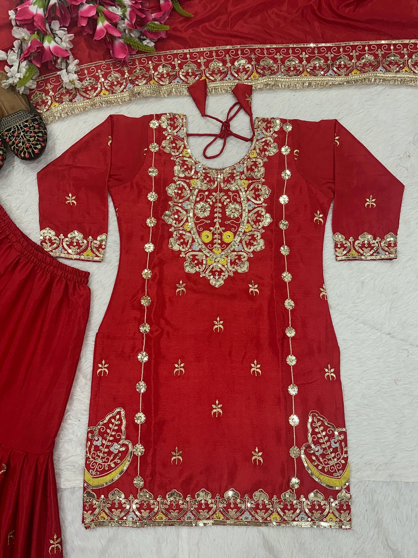 Red Color Beautiful Plazo Dress in Chinon Fabric