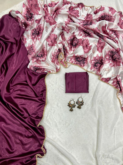 Half Half Satin Saree Collection With Beautiful Flower Print