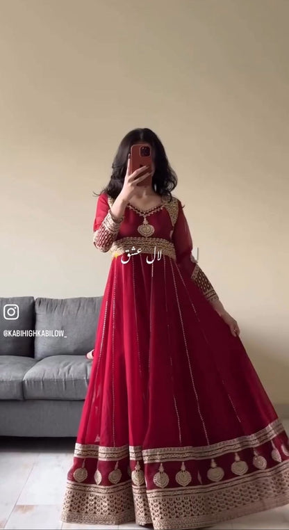 Red Color Beautiful party wear look heavy fox georgette gown pent & dupatta set