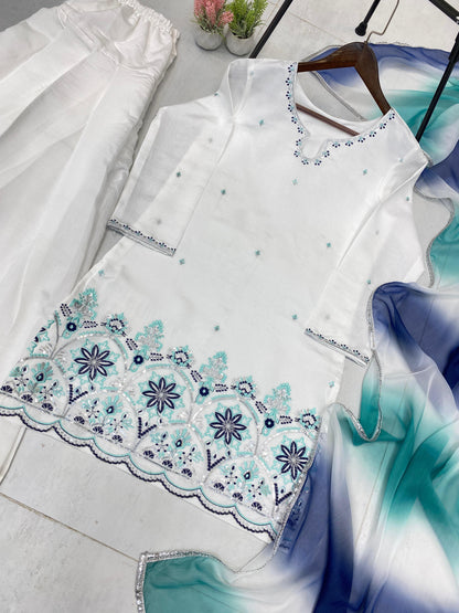 Roman Silk Fabric Salwar Kameez in Off white color