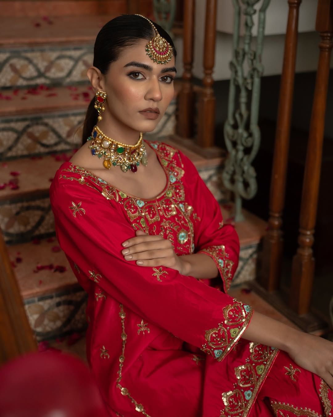 Red Color Beautiful Plazo Dress in Chinon Fabric