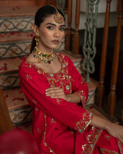 Red Color Beautiful Plazo Dress in Chinon Fabric