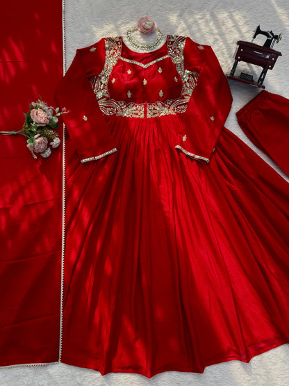 red colour beautiful partywear dress in chinon silk fabic