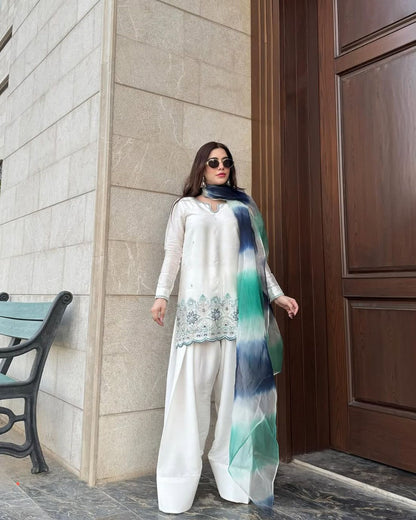 Roman Silk Fabric Salwar Kameez in Off white color