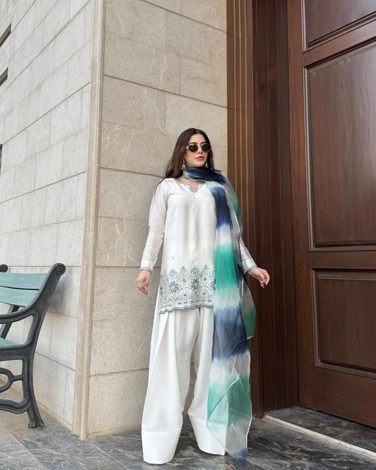 Roman Silk Fabric Salwar Kameez in Off white color