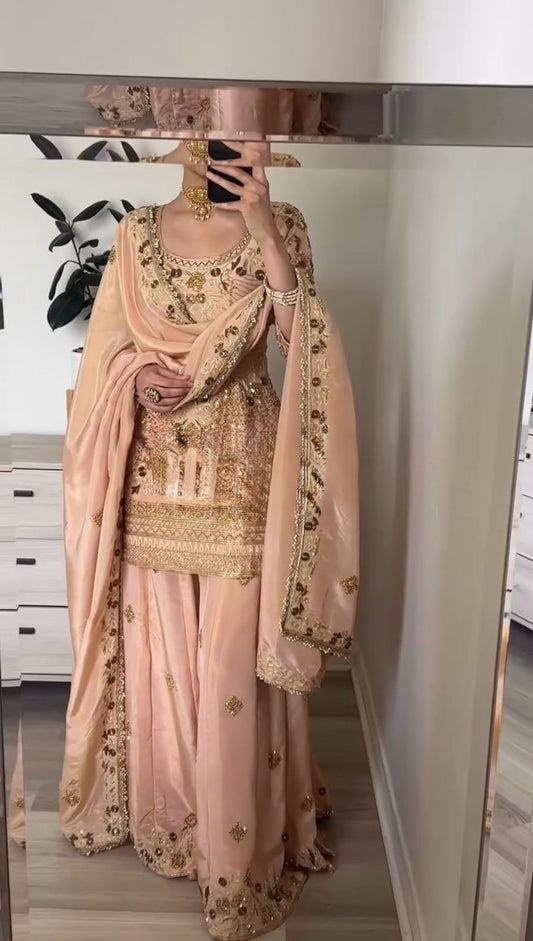 Beige Color Beautiful Cotton Heavy Partywear Suit