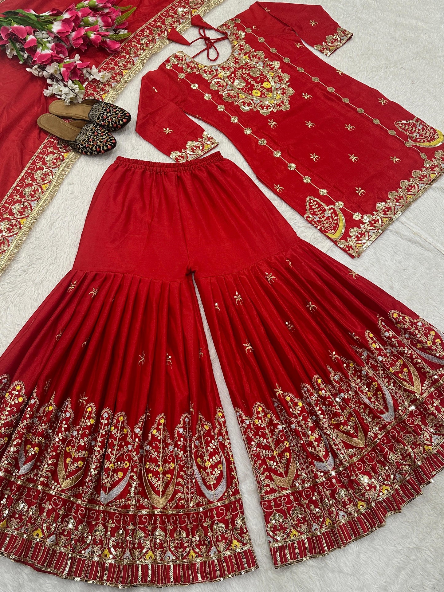 Red Color Beautiful Plazo Dress in Chinon Fabric