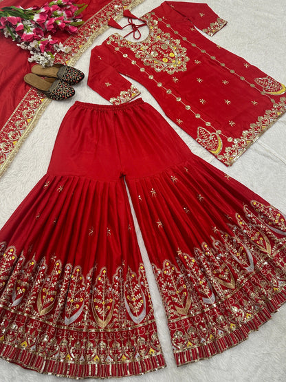 Red Color Beautiful Plazo Dress in Chinon Fabric