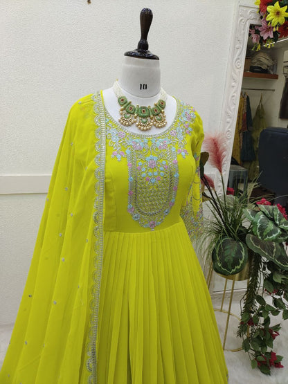 Yellow Color Beautiful Partywear Georgette gown
