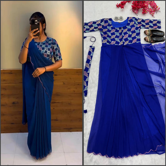 blue color beautiful trending zip nd go embroidery saree