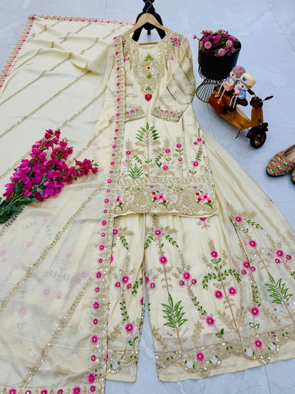 designer party sharara suit & dupatta set in cream white color