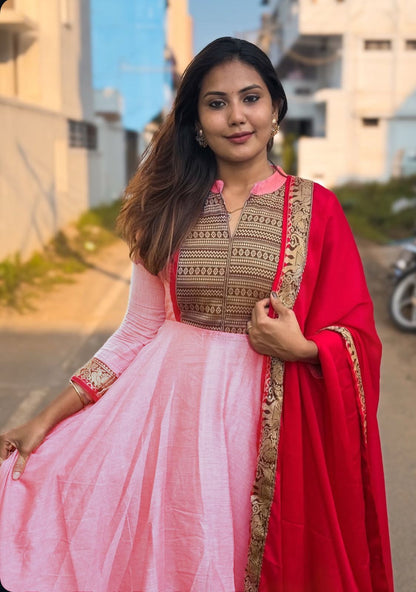 Pink Color Gown with dupatta in vichitra silk fabirc