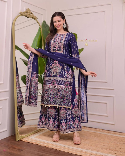 designer wear trending top with printed work with hand work with plazo and dupatta set