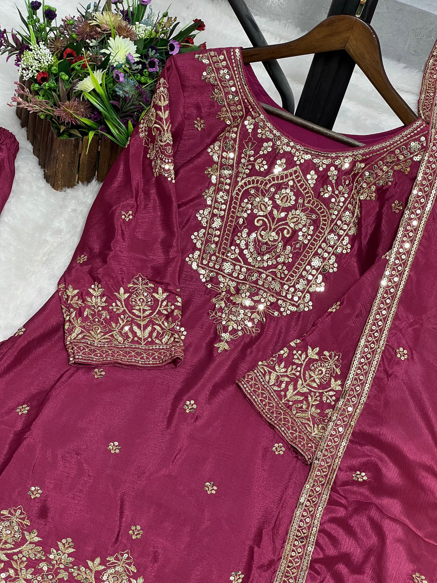 Embroidery And Sequence Worked Top-Sharara And Dupatta Set Fully Stitched Ready To Wear