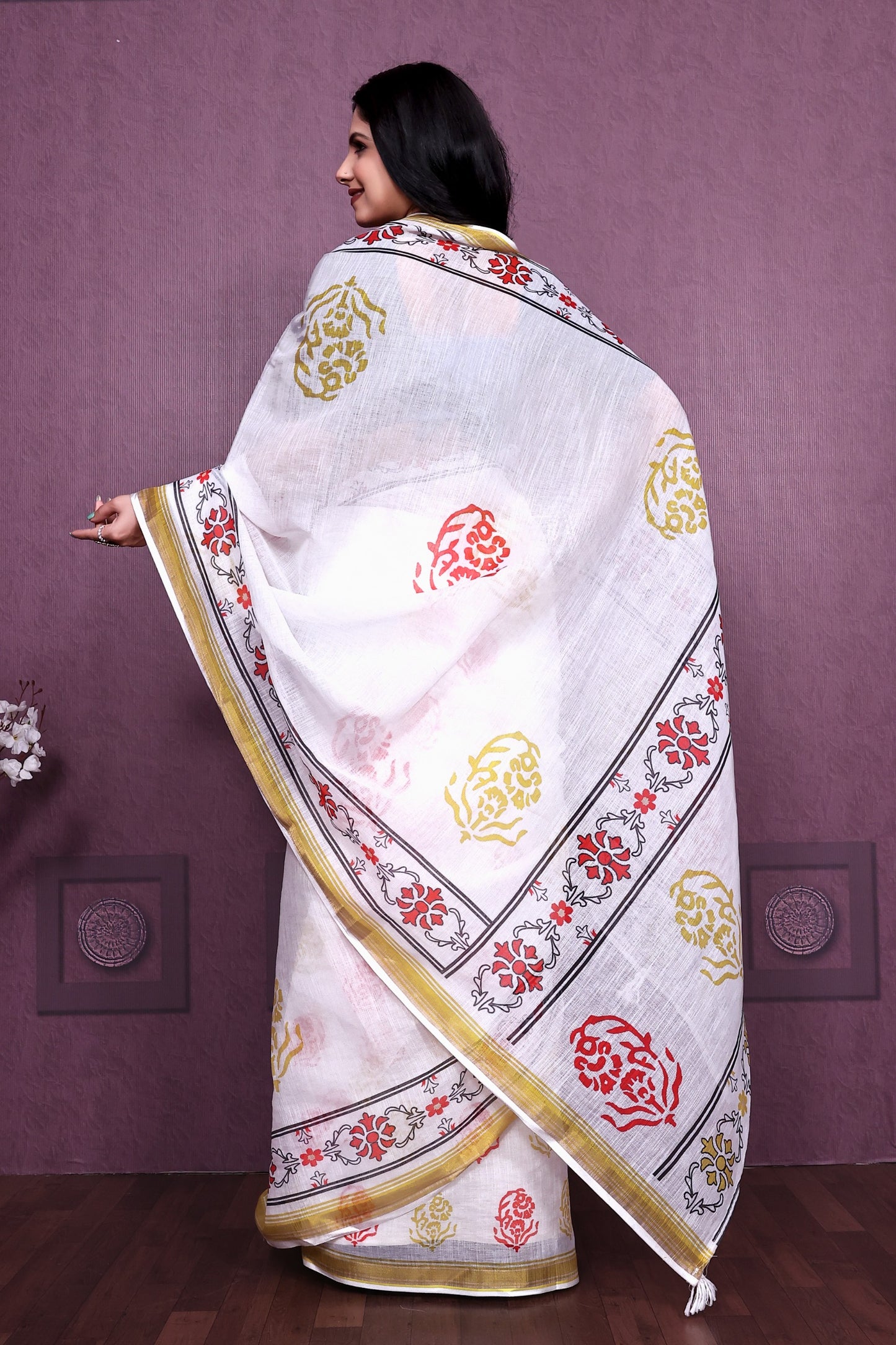 Off white color linen saree