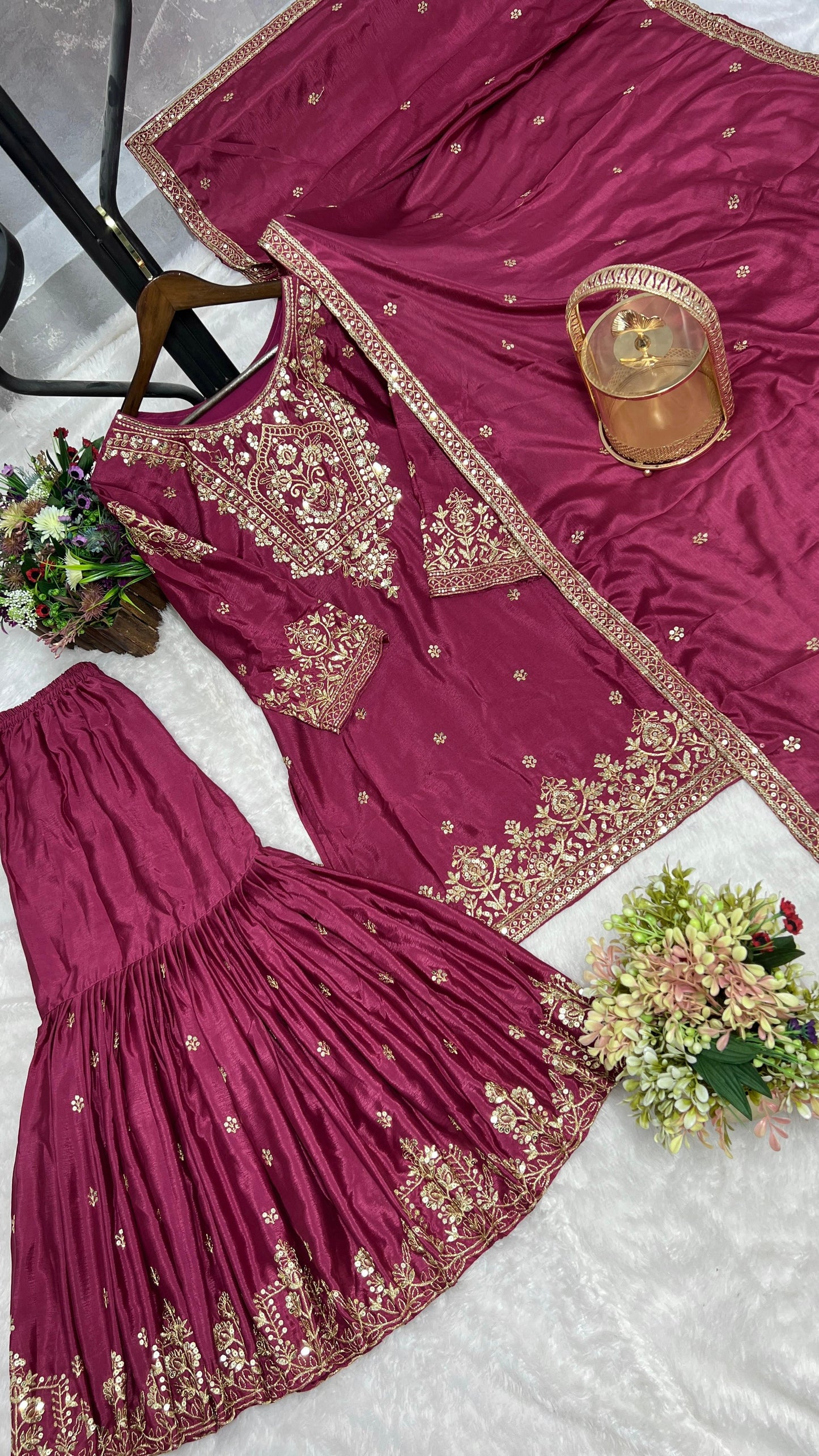 Embroidery And Sequence Worked Top-Sharara And Dupatta Set Fully Stitched Ready To Wear