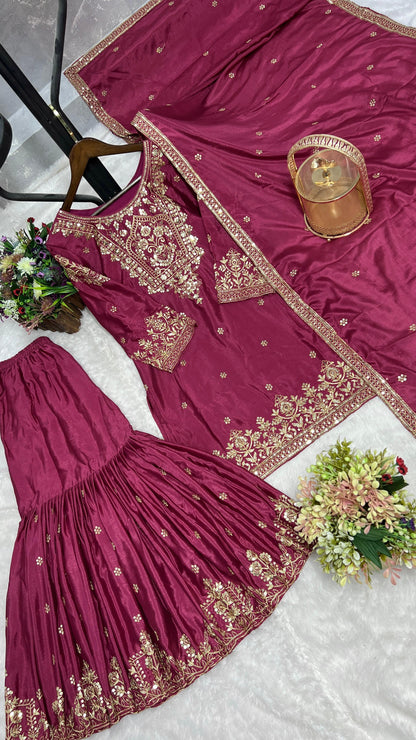 Embroidery And Sequence Worked Top-Sharara And Dupatta Set Fully Stitched Ready To Wear
