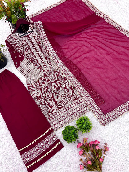 party wear look top-plazzo and dupatta with heavy embroidery work