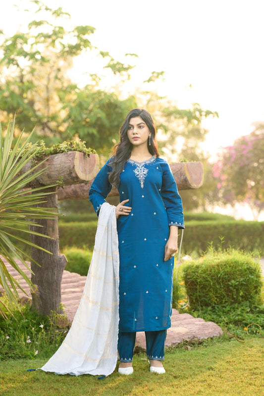 Blue Color Beautiful Summer Wear Dress in Roman silk Fabric