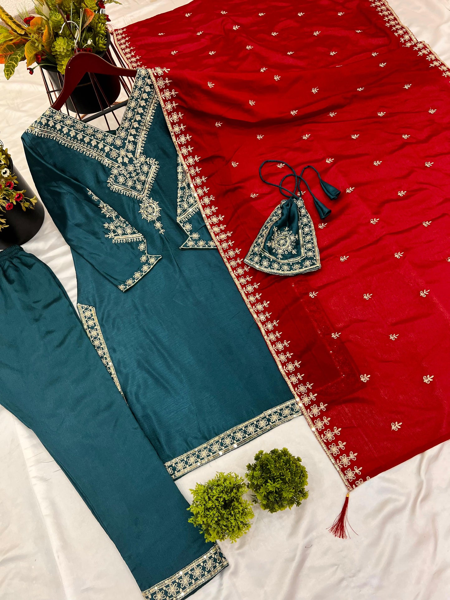 Festival Collection In Chinnon And Heavy Embroidery Sequence Work Top-Bottom And Dupatta Set