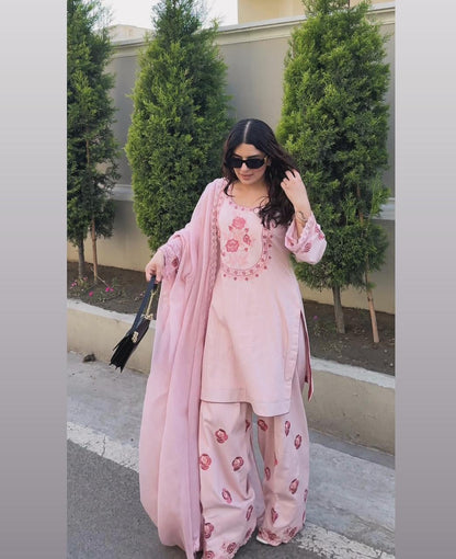 Party Wear Look Pure Natural Crepe Top & Farshi Palazzo With Dupatta Set