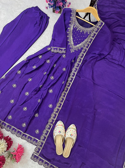 Purple Color Traditional Dress in Chinon Fabric