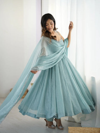 Sky BLue Color Beautiful Gown in Crush Silk Fabric