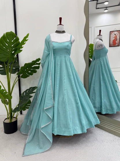 Sky BLue Color Beautiful Gown in Crush Silk Fabric