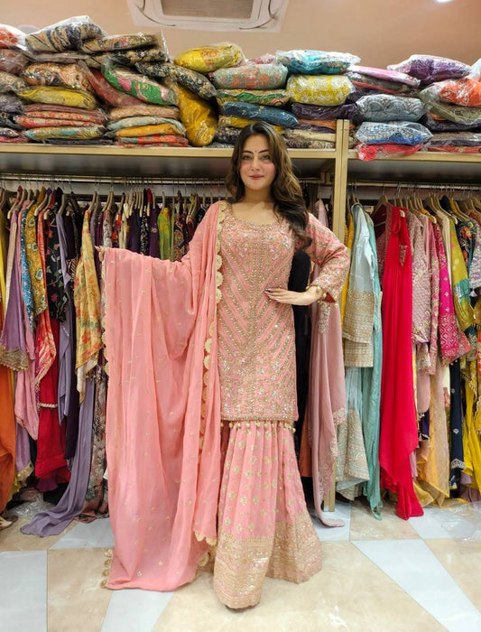 Pink Color Plazo suit in Goergette fabric