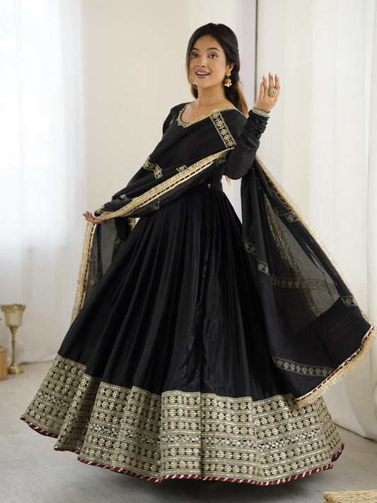 Black Color Beautiful Gown in Chinon Silk Fabric