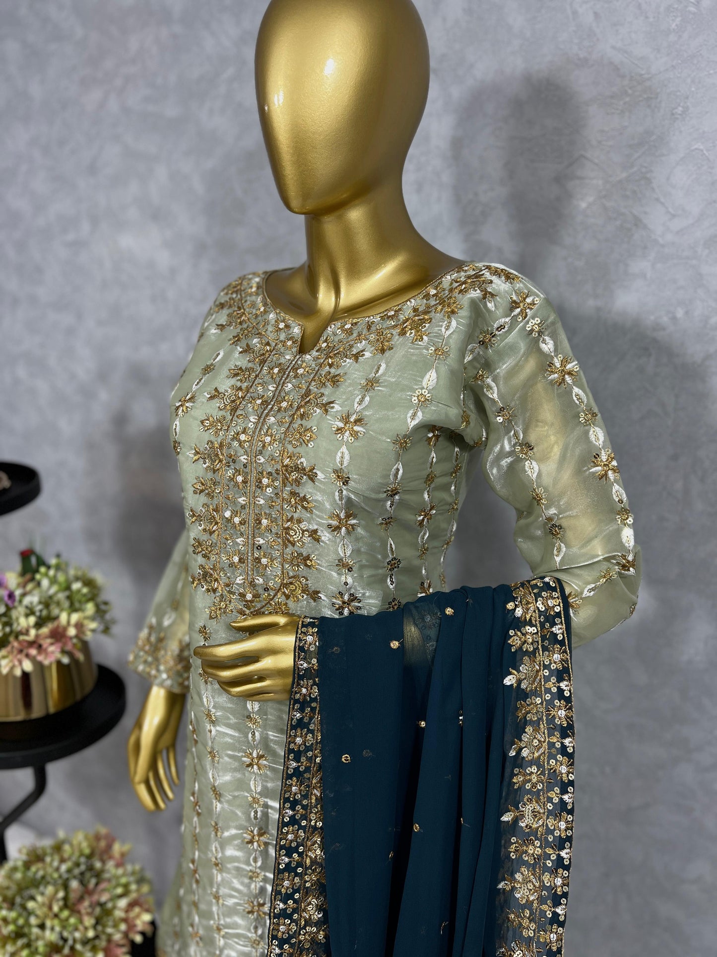 3 Piece Stylish Kurti, Bottom And Dupatta With Beautiful Embroidery Sequence Work
