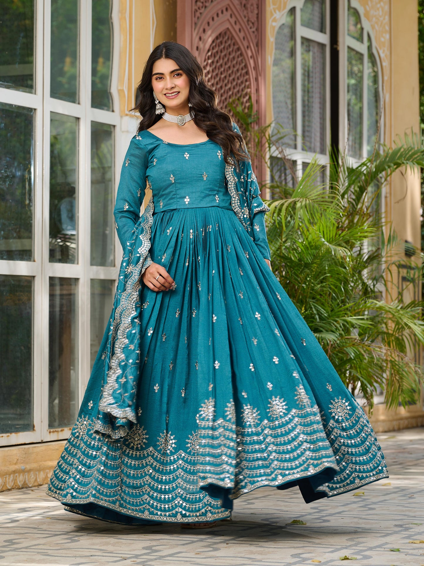 Morpitch Color Beautiful Partywear Gown in Vichitra Silk