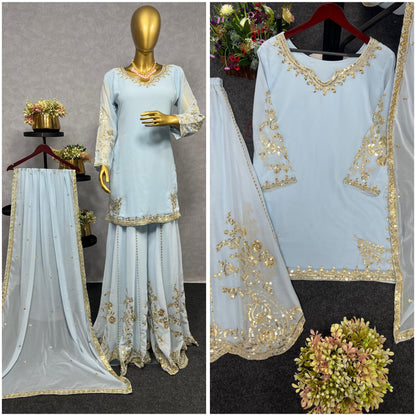 Sky BLue Color Beautiful 3 Piece Kurti With Sharara And Dupatta