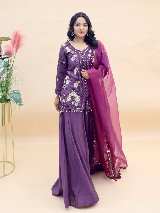 Designer Party Top Pallazo & Dupatta Set in purple color