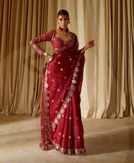 Red Maroon Color Beautiful Partywear Saree