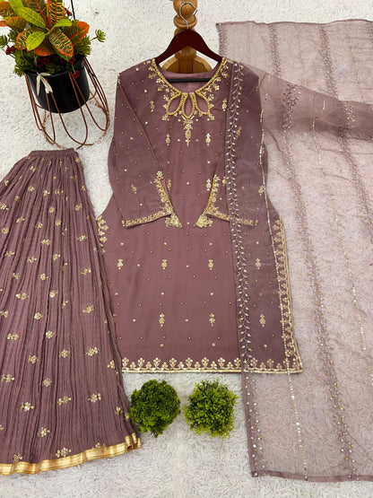 Georgette With Heavy Embroidery Sequence Work Top-Bottom And Dupatta Set