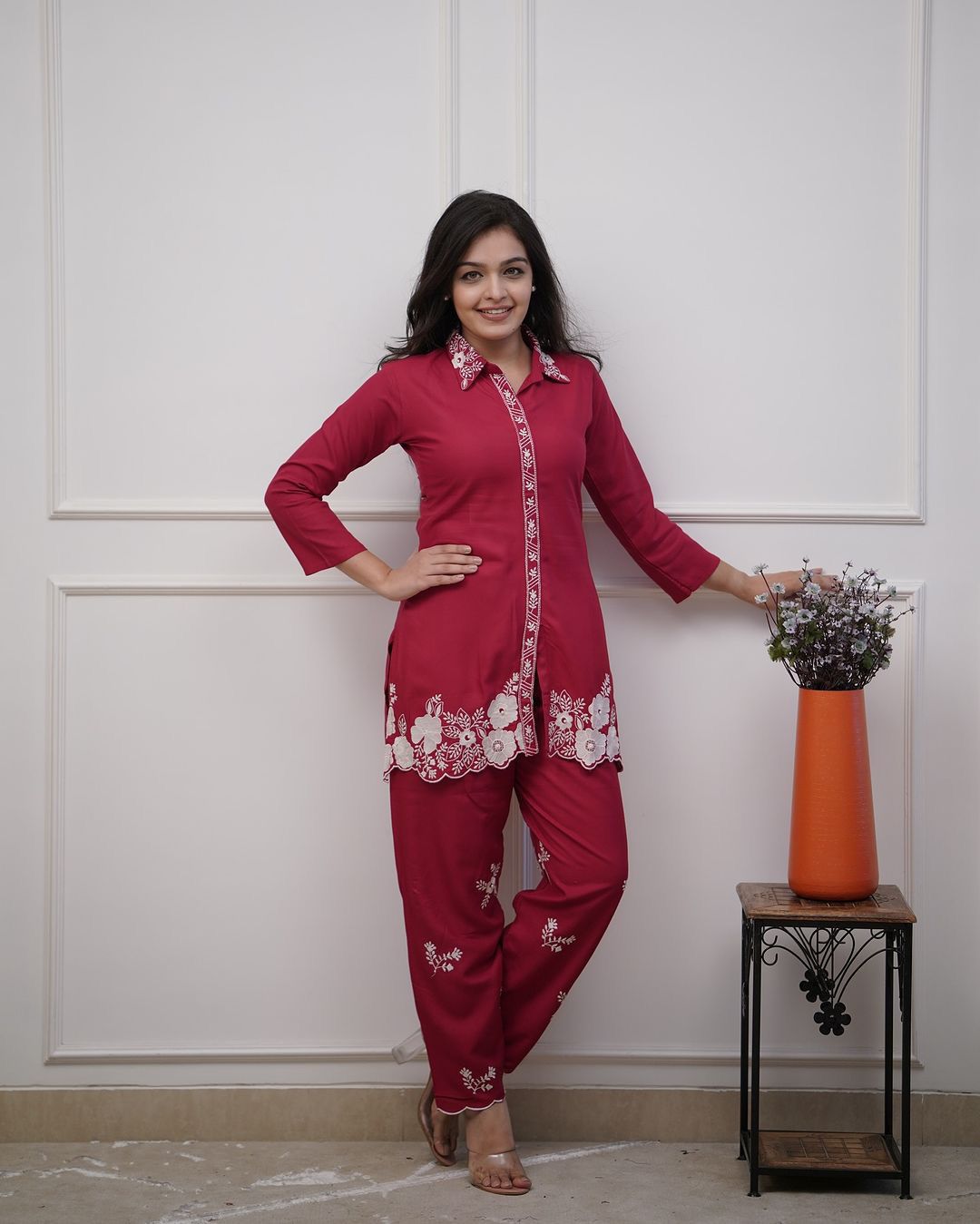 Beautiful Summer Wear Rayon Co-ord set in Red color