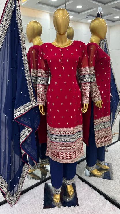 Maroon Red Blue Color Beautiful Partywear Dress in georgette fabric